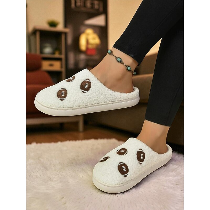 Women's Fleece-Lined Rugby Ball Print Slippers – Cozy Indoor House Shoes for Game Day, Lounging and Holiday Gifts3