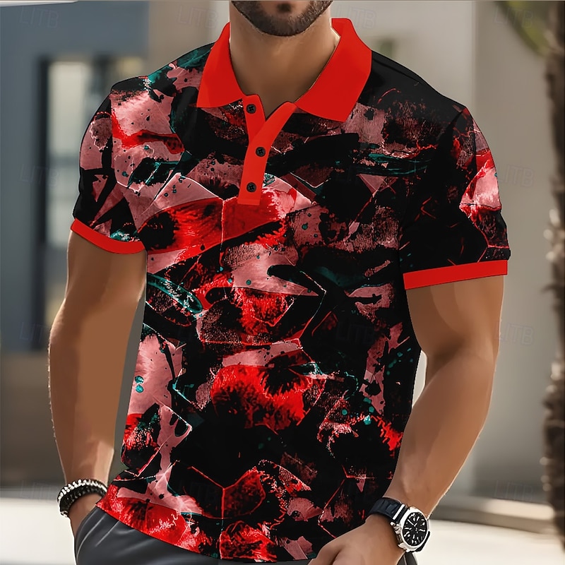 Men's Geometric Abstract Polo Short Sleeve Polo Shirts Collared Shirts Casual Athleisure Daily Wear 3D Print Buttons Summer Red Blue Purple