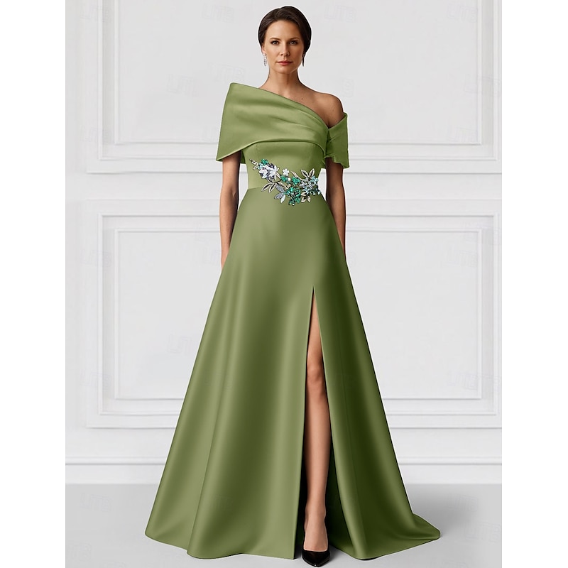 A-Line Evening Gown Elegant Dress Formal Wedding Floor Length Short Sleeve Off ShoulderMother Of the Bride Dress Satin with Glitter Pocket