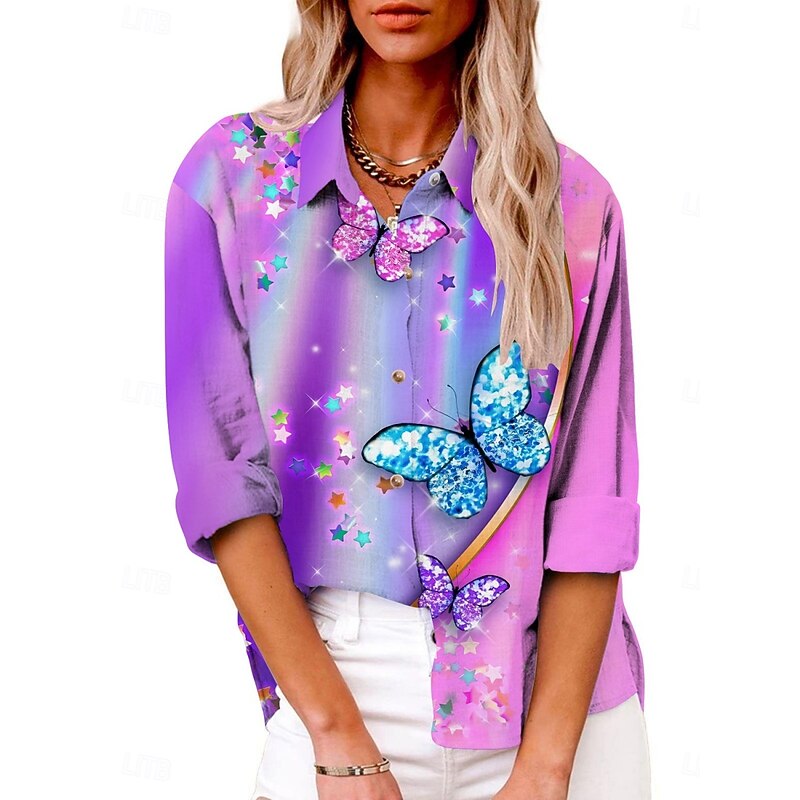 Women's Shirt Butterfly Active Daily Stylish Long Sleeve Shirt Collar Regular Tops Daily Holiday Buttons Print Black Pink Purple Summer Spring Fall