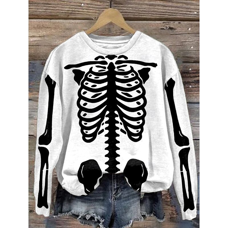 Halloween Women's Sweatshirts Skulls Graphic Casual Long Sleeve Crew Neck Regular Tops Street Dailywear Casual Print Black White Gray Fall Winter3
