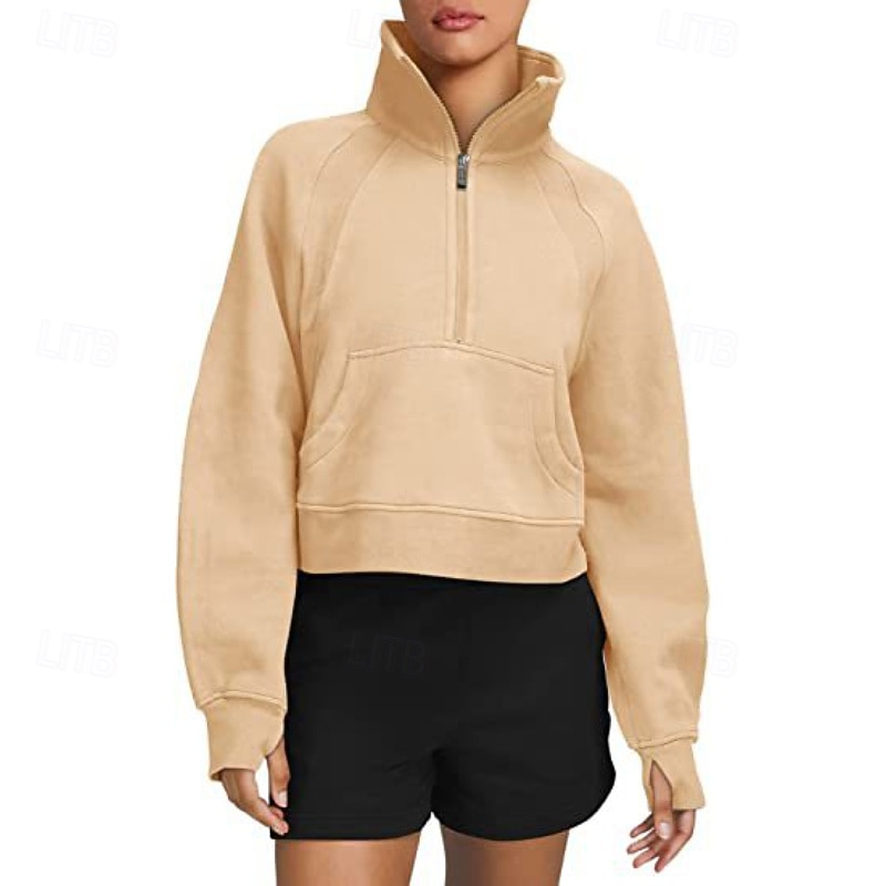Women's Pullover Sweatshirt Sweatshirts Plain Streetwear Casual Long Sleeve Turtleneck Regular Tops Street Holiday Half Zipper Quarter Zipper Zipper Pocket Black Army Green Beige Fall Winter2