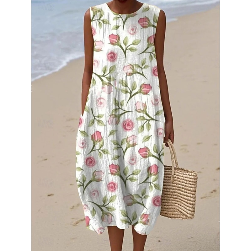 Women's Midi Dress Sundress Vacation Casual Boho Going out Floral Graphic Sleeveless Crewneck White Blue Orange Green Summer Spring2