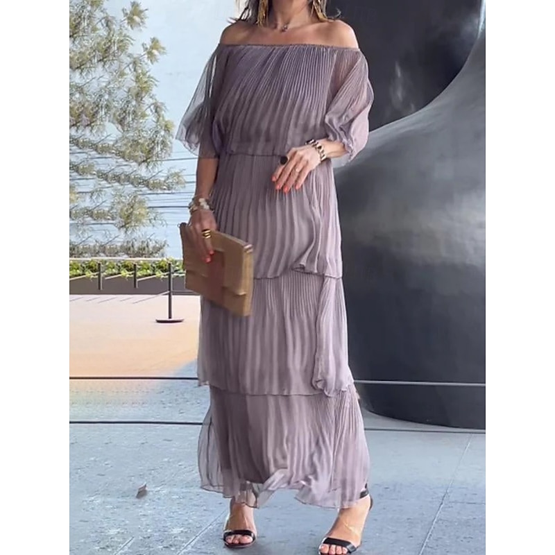 Women's Midi Dress Cocktail Dress Wedding Guest Dress Chiffon Elegant Fashion Modern Outdoor Vacation Regular Fit Plain Half Sleeve Off Shoulder Black White Gray Summer Spring3
