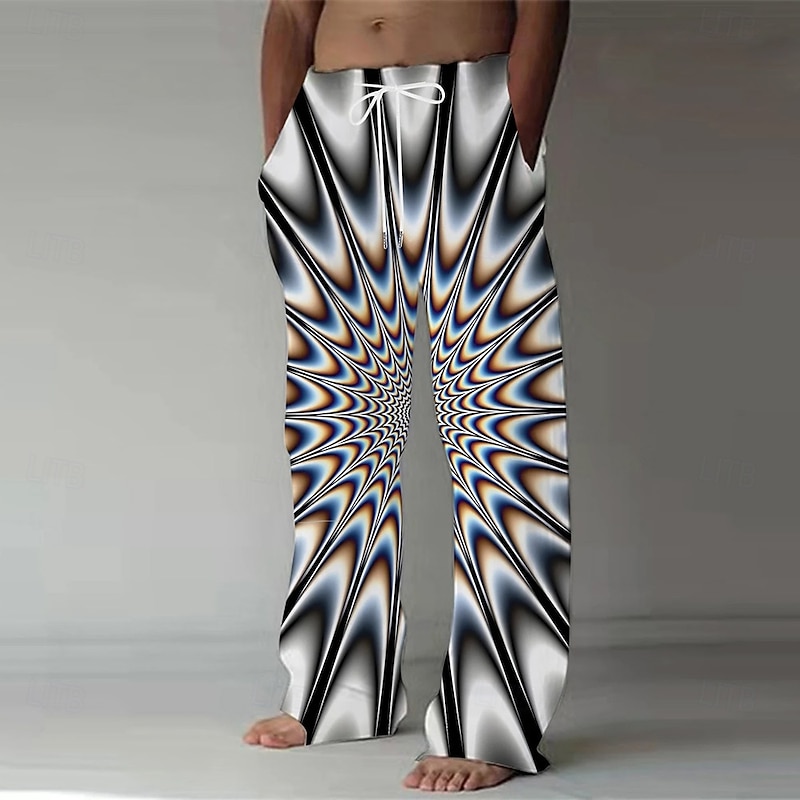 Men's Optical Illusion Dizzy Geometic Trousers Baggy Pants Casual Pants Mid Waist Fashion Casual Outdoor Vacation Elastic Drawstring Waist Linen-Like Pants with Pockets Summer Spring 3D Print Gray