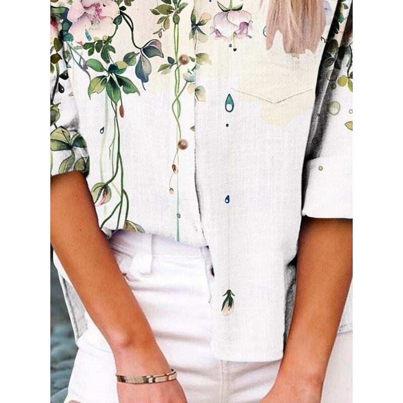 Women's Shirt Floral Active Daily Stylish Long Sleeve Shirt Collar Regular Tops Daily Holiday Buttons Print White Summer Spring Fall2