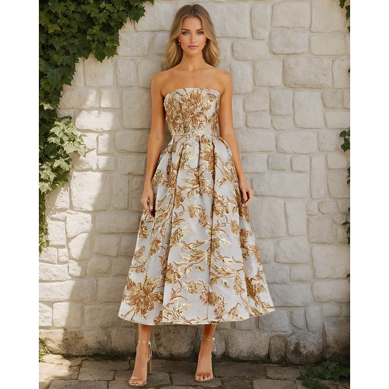 Gold Metallic Floral Brocade A-Line Cocktail Dresses Elegant Dress Formal Wedding Tea Length Midi Length Sleeveless Strapless with Pleats