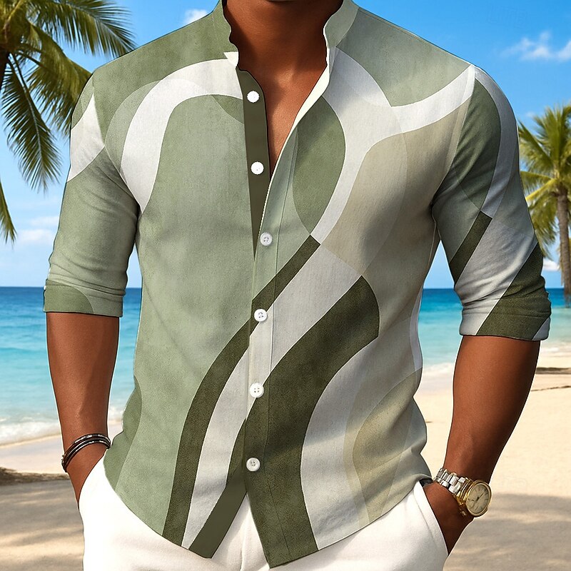 Men's Geometric Gradient Color Shirt Button Up Shirt Stand Collar Shirt Long Sleeve Casual Outdoor Vacation Daily Spring Fall Mandarin Collar Band Collar 3D Print Linen Like Shirt Pink Blue Orange2