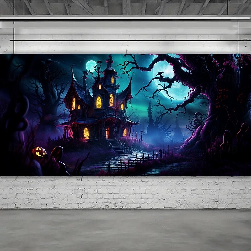 Halloween Garage Door Cover Banner Backdrop – Haunted Castle with Bats & Pumpkins, Photography Backdrop for Outdoor Decoration for 2025 Halloween Home Front Yard3