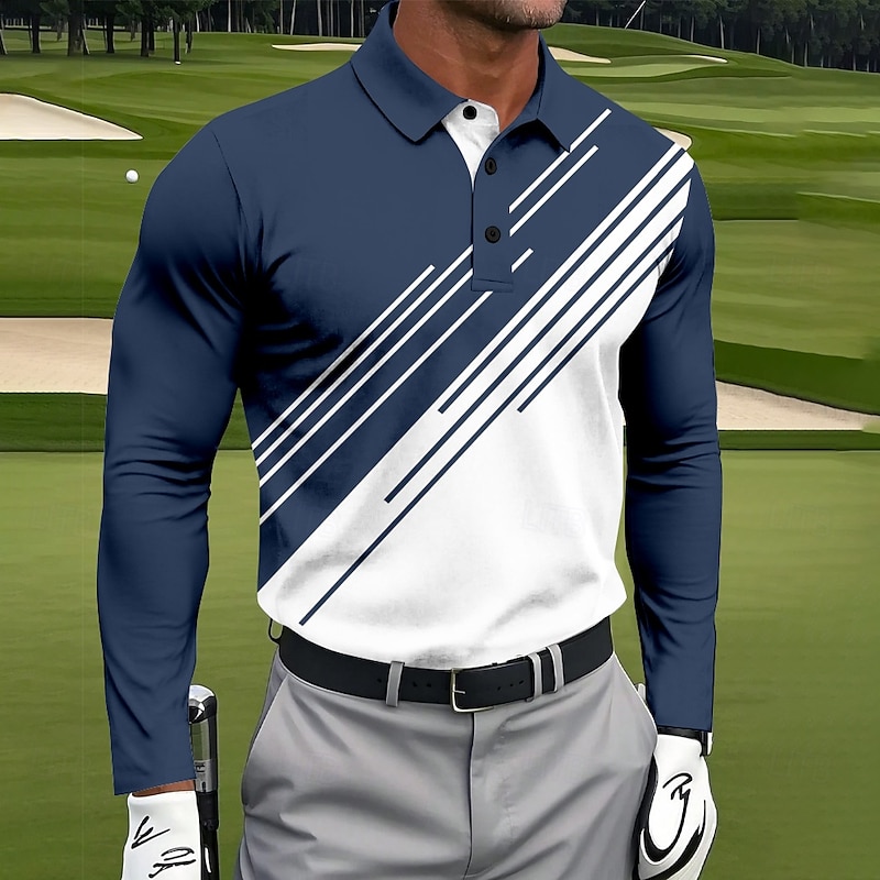 Men's Geometic Line Polo Long Sleeve Polo Shirts Collared Shirts Sportswear Athleisure Daily Wear 3D Print Spring Fall Winter Black Red Navy Blue3