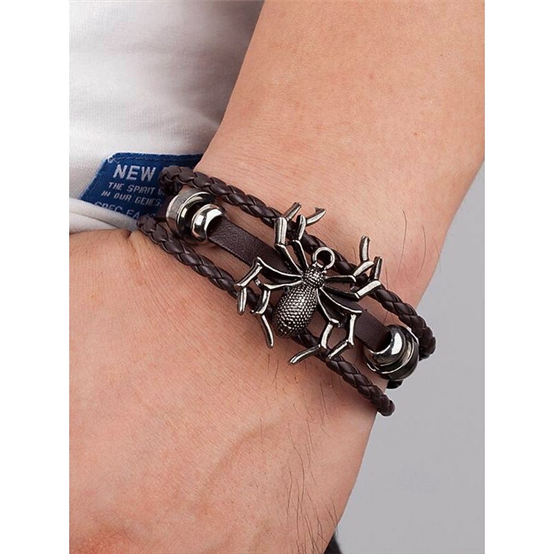 Men's Halloween Spider Bracelet – Gothic Faux Leather Braided Wristband with Alloy Spider Charm, Adjustable Punk Style Jewelry for Party, Cosplay and Nightclub Events3