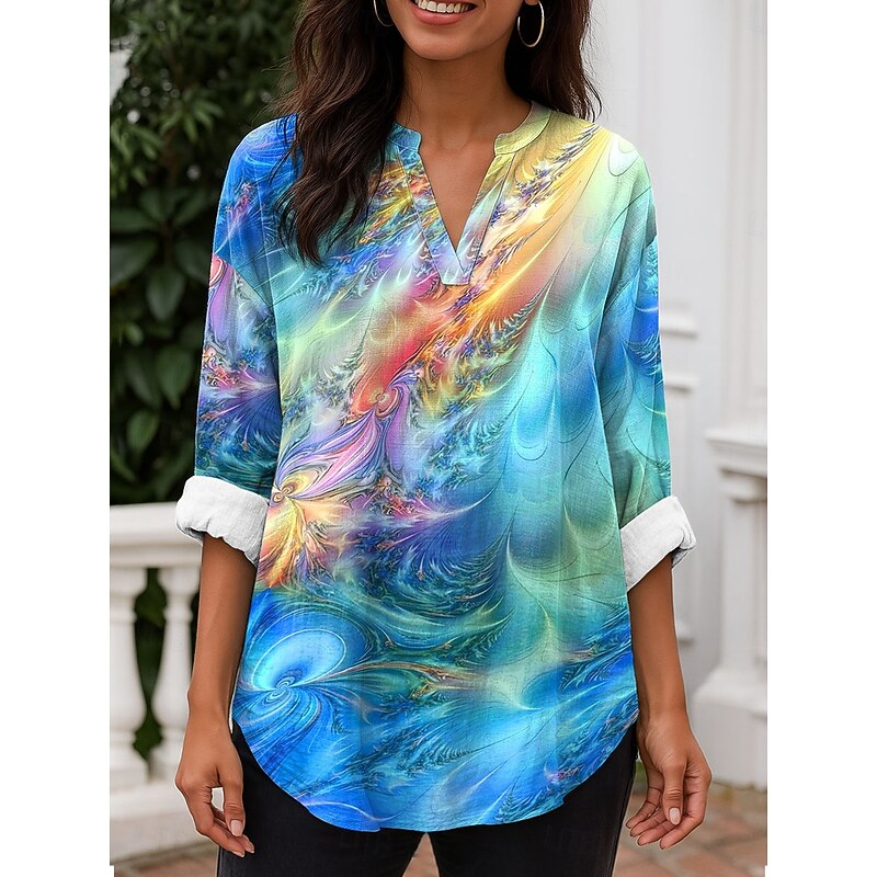 Women's Blouse Tunic V Neck Long Sleeve Boho Casual Tops Ombre Graphic Vintage Daily Stylish Regular Tops Daily Print Blue Purple Orange Green Spring Fall