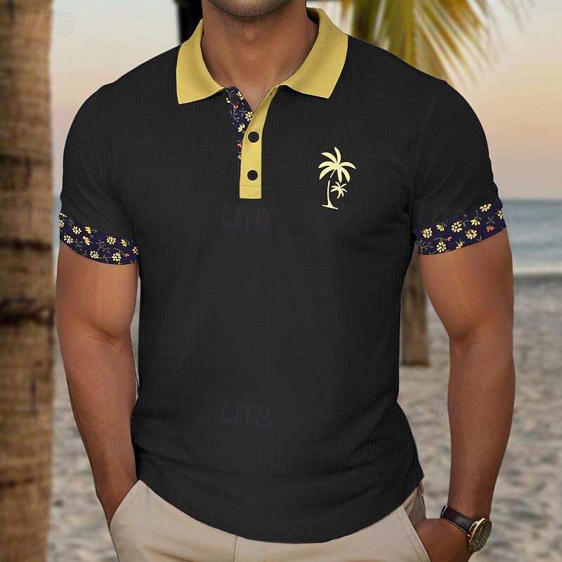 Kentucky Derby Men's Plaid Palm Tree Golf Shirt Short Sleeve Polo Shirts Collared Shirts Casual Beach Wear Vacation Wear Tropical Wear Party Outfits Buttons 3D Print Summer Black White Navy Blue