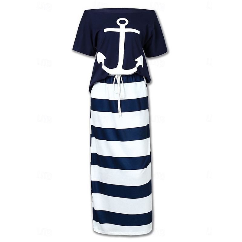 Women's Dress Set T Shirt Dress Tee Dress Casual Stripe Drawstring Print Maxi Dress Short Sleeve Off Shoulder Outdoor Daily White Blue Summer Spring Regular Fit2
