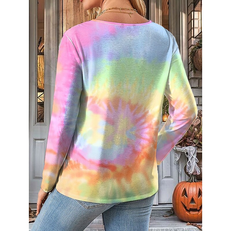 By Sarah Richter Halloween Women's T Shirt Skulls Crew Neck Long Sleeve Tunic Graphic Tie Dye Vintage Stylish Classic  Regular Tops Daily Print Pink Purple Green Fall2