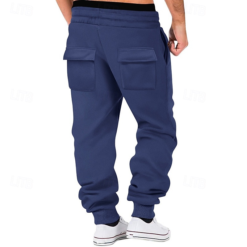 Men's Sweatpants Joggers Trousers Cargo Sweatpants Casual Pants Elastic Waist Drawstring Multi Pocket Solid Colored Comfort Full Length Outdoor Daily Running Vacation Simple Black Blue Stretchy2