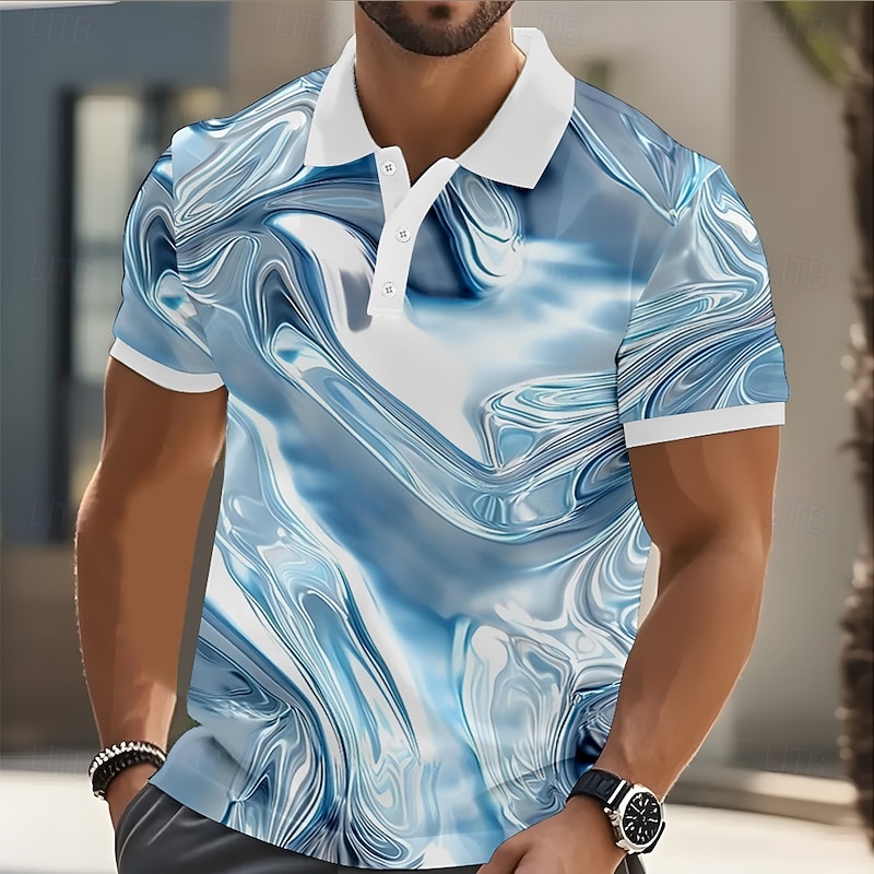 Men's Geometic Marble Polo Short Sleeve Polo Shirts Collared Shirts Casual Athleisure Outdoor clothing Streetwear Buttons Summer Blue Sky Blue Purple