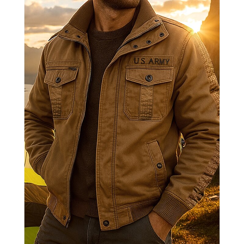 Men's Fleece Cargo Jacket Cotton Winter Outdoor Thermal Warm Top Black Green Khaki3