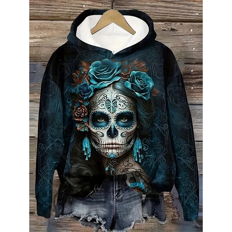 Halloween Women's Hoodie Pullover Sweatshirt Oversized Long Sleeve Casual Skulls Graphic Abstract Fashion Print Hooded Regular Tops Street Dailywear Drawstring Print Brown Khaki Dark Blue Fall Winter4