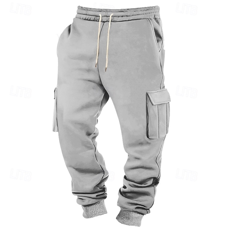 Men's Fleece Pants Sweatpants Joggers Trousers Cargo Sweatpants Elastic Waist Drawstring Multi Pocket Plain Comfort Sports Outdoor Daily Fashion Casual Black White Micro-elastic2