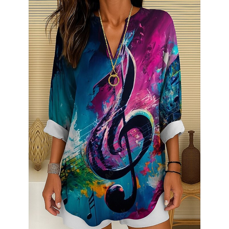 Music Festival Women's Blouse Ombre Graphic Geometric Elegant Vintage Tropical Long Sleeve V Neck Regular Tops Daily Holiday Print Yellow Red Purple Summer Spring - Main Image