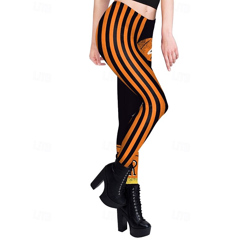 Women's Slacks Leggings Streetwear Casual Full Length NaturalPantsHalloween Striped Elastic Waist Comfortable Street Holiday Weekend Orange red Black Light Orange Fall Regular Fit4