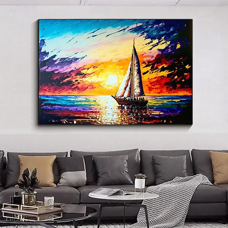 Handmade Oil Painting Canvas Wall Art Decoration Sailing Sunset Seascape for Home Decor Rolled Frameless Unstretched Painting2