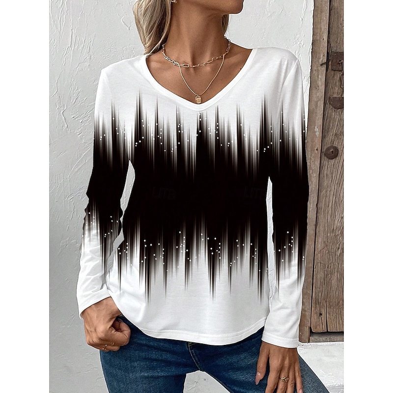 Women's T Shirt V Neck Long Sleeve Tunic Ombre Graphic Vintage Casual Regular Tops Daily Print Black Blue Fuchsia Spring Fall