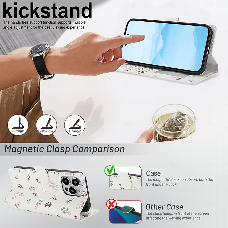 Phone Case For iPhone 17 Pro Max 17 Air 16 15 14 Pro Max Plus 16e 13 Mini with Lanyard Kickstand Card Slot Flower Floral TPU PU Leather3