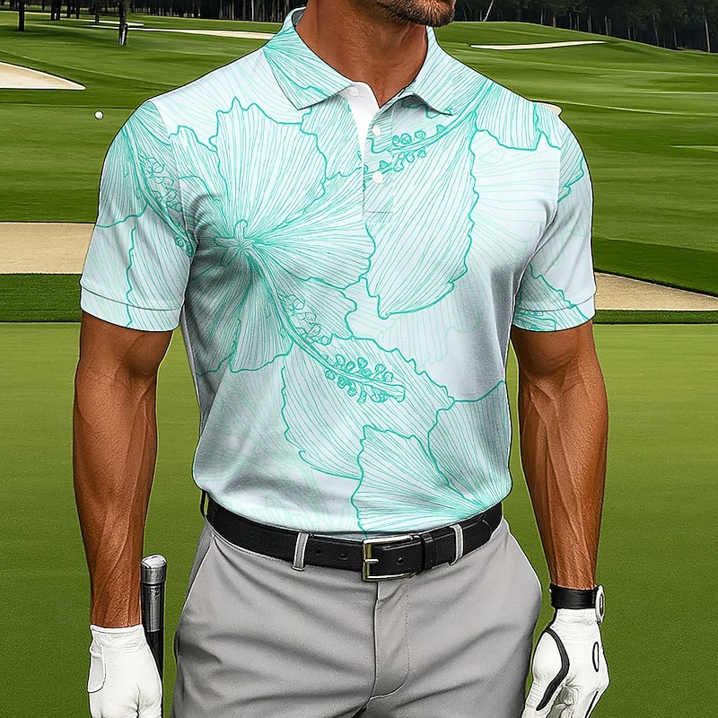 Men's Plants Golf Polo Short Sleeve Polo Shirts Collared Shirts Sportswear Casual Outdoor clothing Daily Wear 3D Print Buttons Summer Sky Blue Green Gray3