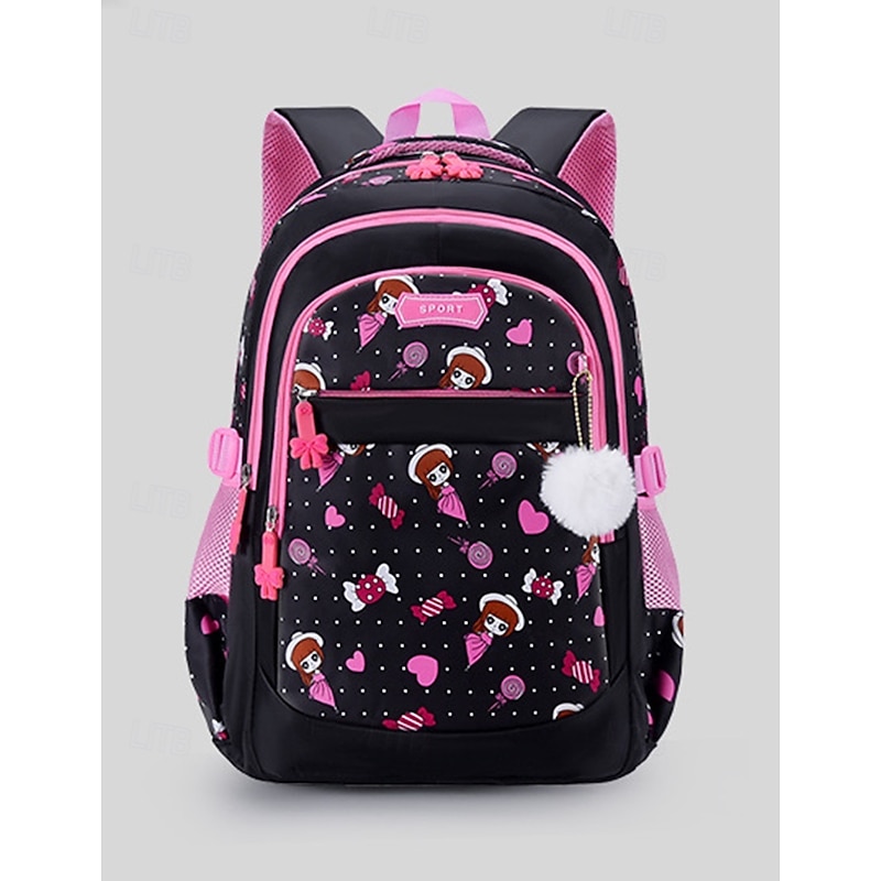 Girls Cartoon Backpack for School – Cute Printed Bookbag with Cat Ears and Pom-Pom Charm, Lightweight Waterproof Schoolbag for Elementary Kids2