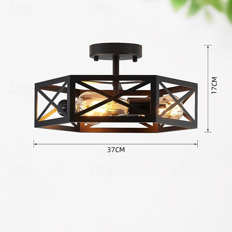 Black Flush Mount Ceiling Light, Modern Farmhouse Light Fixtures with Metal Hexagon Cage,Industrial Close to Ceiling Lamp for Kitchen Hallway Bathroom Closet,3 Light4
