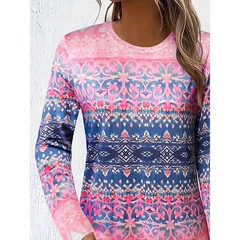 Women's T shirt Crew Neck Long Sleeve Tunic Graphic Geometric Striped Vintage Stylish  Round Neck Regular Tops Daily Print Pink Fall3