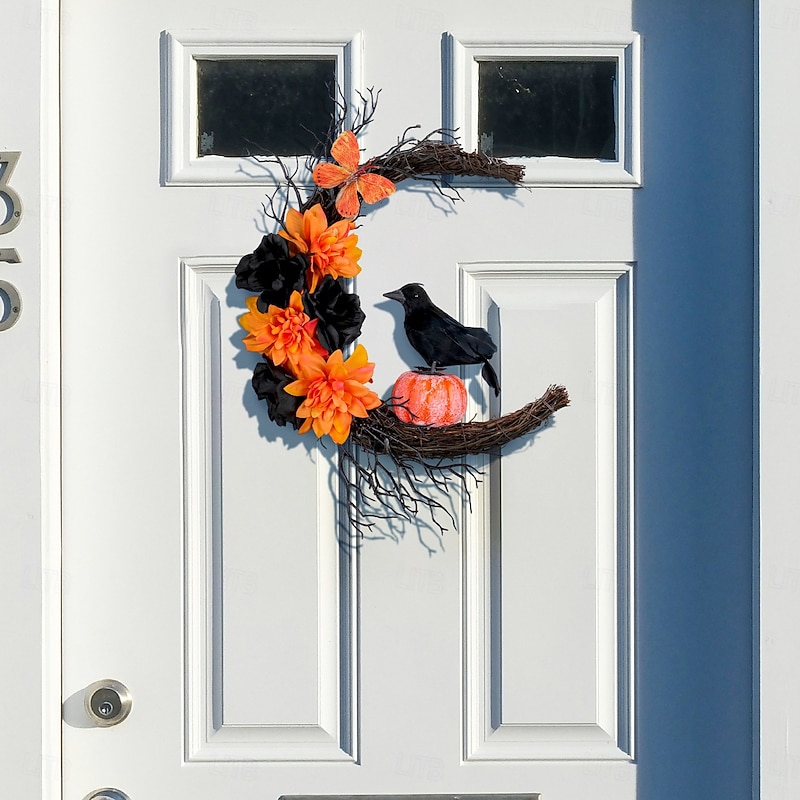 Halloween Wreath for Front Door Indoor Outdoor Decoration, Orange Black Crow Moon Garland with Pumpkin, Twigs, Vine Ring for Party Wall Decor2