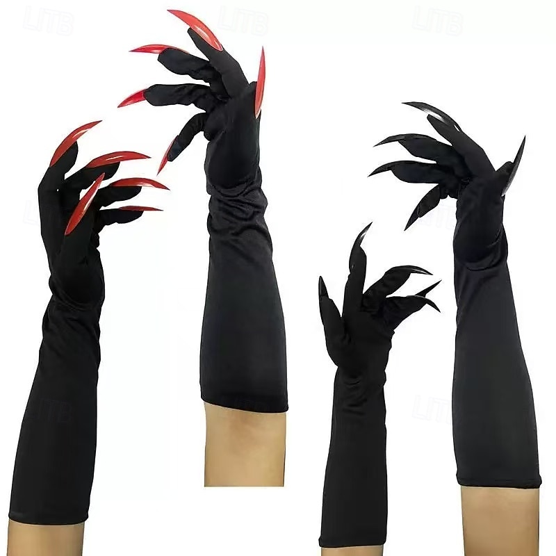 2 Pairs Halloween Long Claw Gloves with Fingernails, Vampire Witch Costume Gloves for Women, Cosplay Accessories for Party, Horror Dress Up