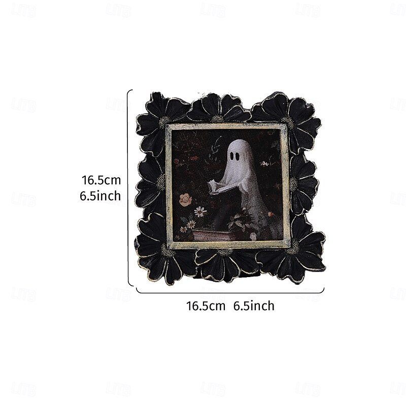 Halloween Gothic Resin Photo Frame, Black and Gold 3D Daisy Flower Design, Rectangular Picture Display Frame for Home Decor, Desktop Warm Photo Holder, Horizontal and Vertical Use3