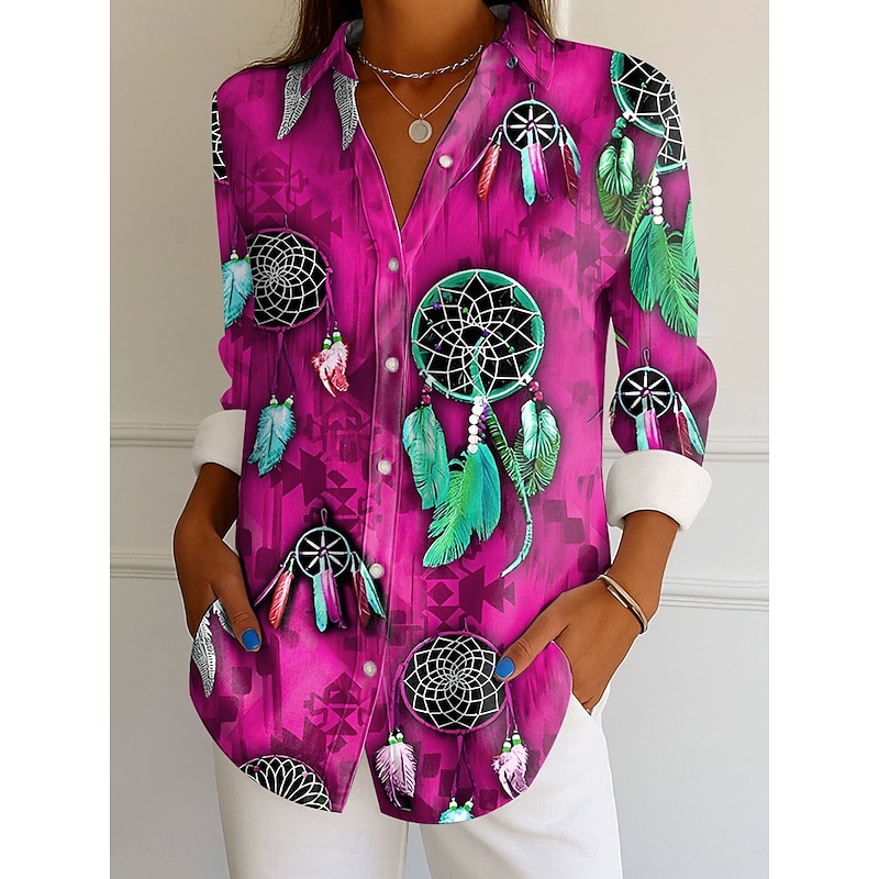 Women's Shirt Button Down Tunic Shirt Collar Long Sleeve Graphic Feather Elegant Vintage Tropical Regular Tops Daily Holiday Beach Wear s Print Pink Blue Orange Green Spring Fall3
