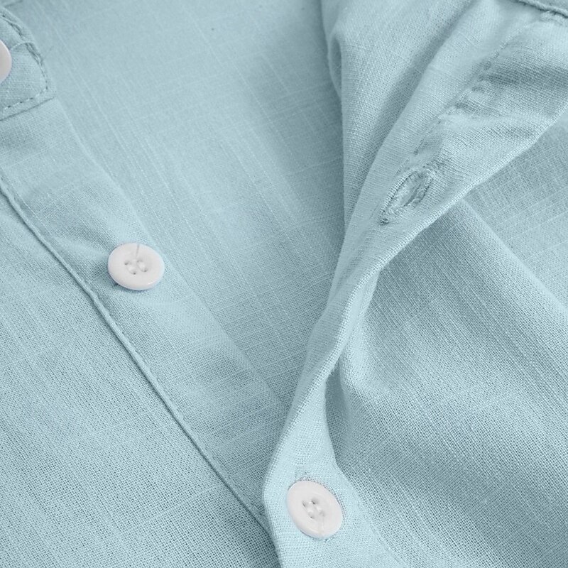 Men's Shirt Linen Shirt Band Collar Shirt Summer Shirt Beach Wear Plain Vacation Street Black White Blue Gray Short Sleeve Band Collar Summer Spring Clothing Apparel Pocket3