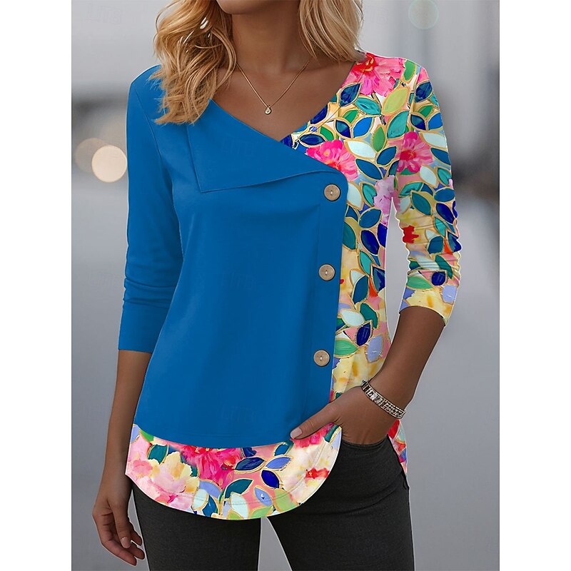 Women's Blouse Tunic V Neck Long Sleeve Buttons Floral Graphic Vintage Fashion Stylish Crew Neck Regular Tops Daily Patchwork Print Blue Purple Green Summer Spring Fall Winter