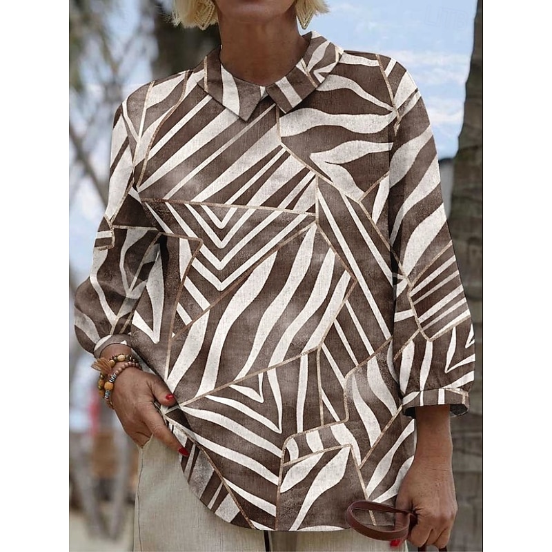 Women's Blouse Long Sleeve Peter Pan Collar Casual Graphic Geometric Abstract Vintage Tropical Daily Collar Regular Tops Daily Buttons Print Light Brown Brown Green Summer Spring
