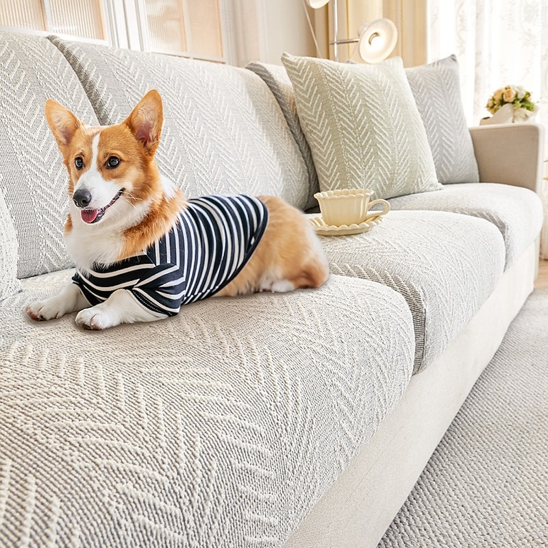 Chenille Herringbone Sofa Cover For Dog Anti-Slip Magic Couch Cover Pet Friendly