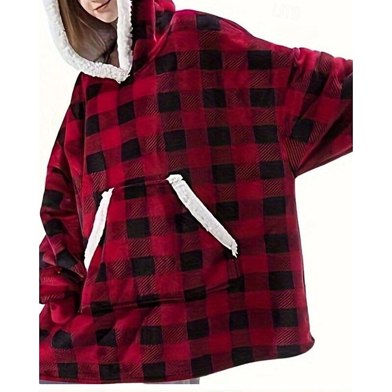 Women's Pullover Hoodie Sweatshirt Hoodies Plaid Streetwear Casual Long Sleeve Hooded Regular Tops Street Holiday Going out Pocket Red Winter