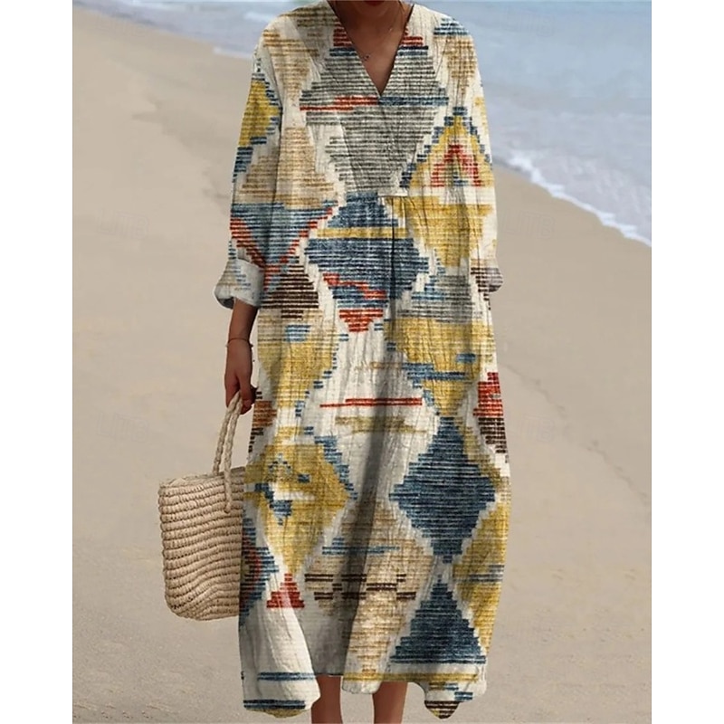 Women's Midi Dress Casual Dress Print Dress Fashion Modern Daily Beach Weekend Regular Fit Floral Long Sleeve V Neck Black Yellow Green Spring Fall3