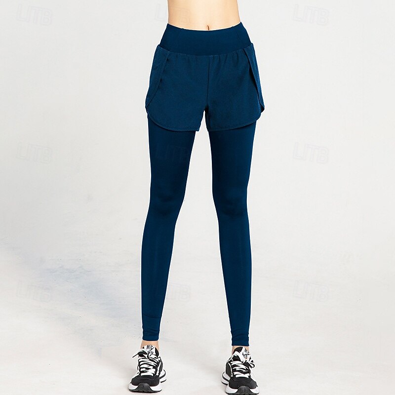 Women's Workout Pants Running Leggings Pockets 2 in 1 High Waist Bottoms Athleisure Gym Workout Breathable Tummy Control Workout Running Yoga Tight Fit Sportswear Activewear Solid Colored Black Blue4