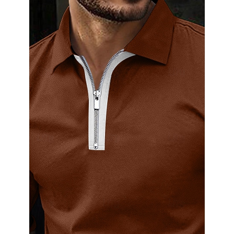 Men's Business Polo Golf Shirt Street Casual Lapel Long Sleeve Basic Modern Plain Zip Up Patchwork Spring Fall All Seasons Regular Fit Black Navy Blue Blue Brown Business Polo2