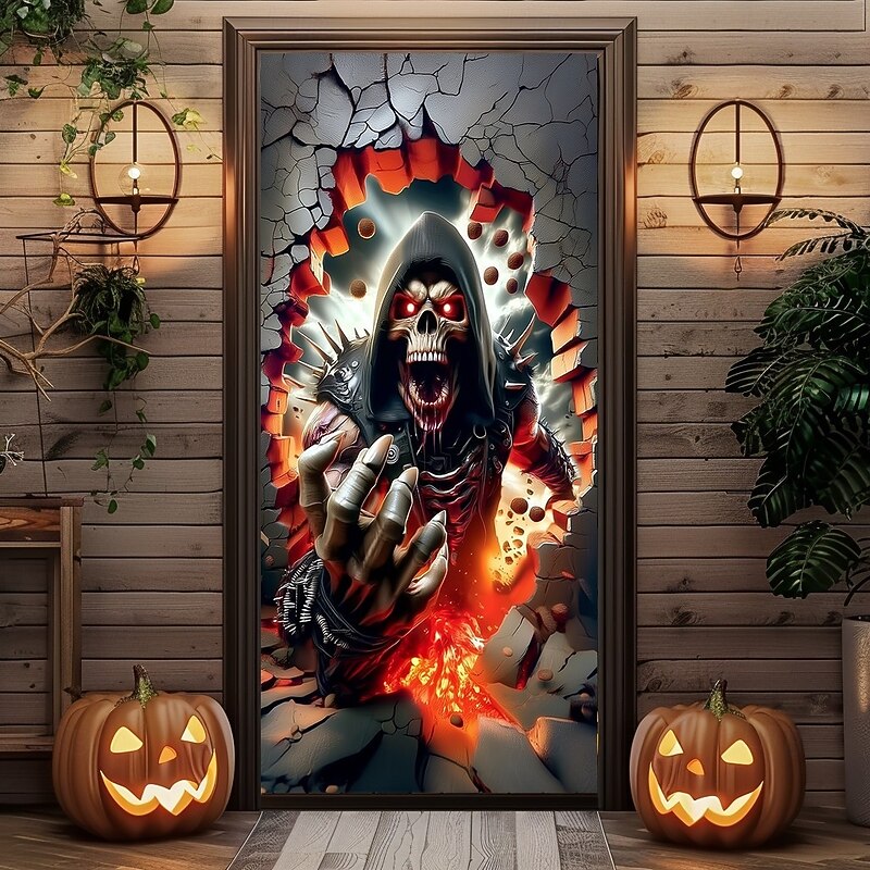 Halloween Door Cover – Skeleton Grim Reaper in Flames, Haunted House Entrance Banner, Horror Outdoor 2025 Halloween Decoration for Bedroom, Living Room, Bathroom4