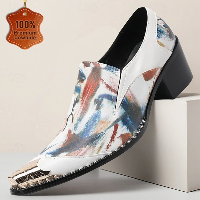 Men's Abstract Art Print Slip-On Genuine Leather Loafers Colorful Artistic Style Dress Shoes for Fashion Shows Creative Events and Night Out
