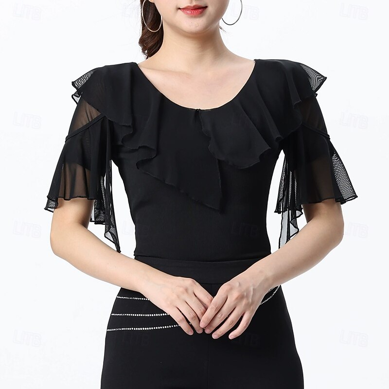 Latin Dance Top Ruffles Pure Color Splicing Women's Performance Training Short Sleeve High Polyester2