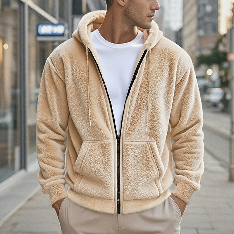 Men's Zip Sweatshirt Fleece Hoodie Sherpa Fleece Hoodie Black Navy Blue Khaki Gray Hooded Plain Zip Up Front Pocket Sports & Outdoor Casual Daily Polyester Streetwear Cool Sportswear Winter Clothing