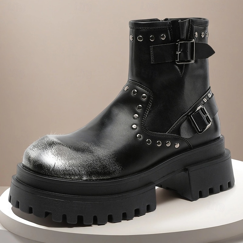 Men's Black Chunky Buckle Ankle Boots – Punk Rock Platform Combat Boots for Gothic Fashion & Fall Streetwear